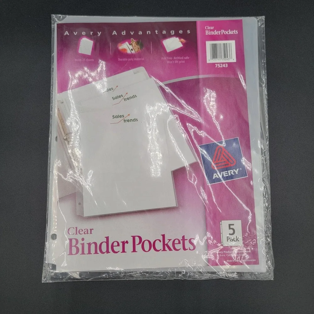Avery Binder Pockets‎ 3-Hole Punched 9 1/4 x 11 Clear 5/Pack 75243